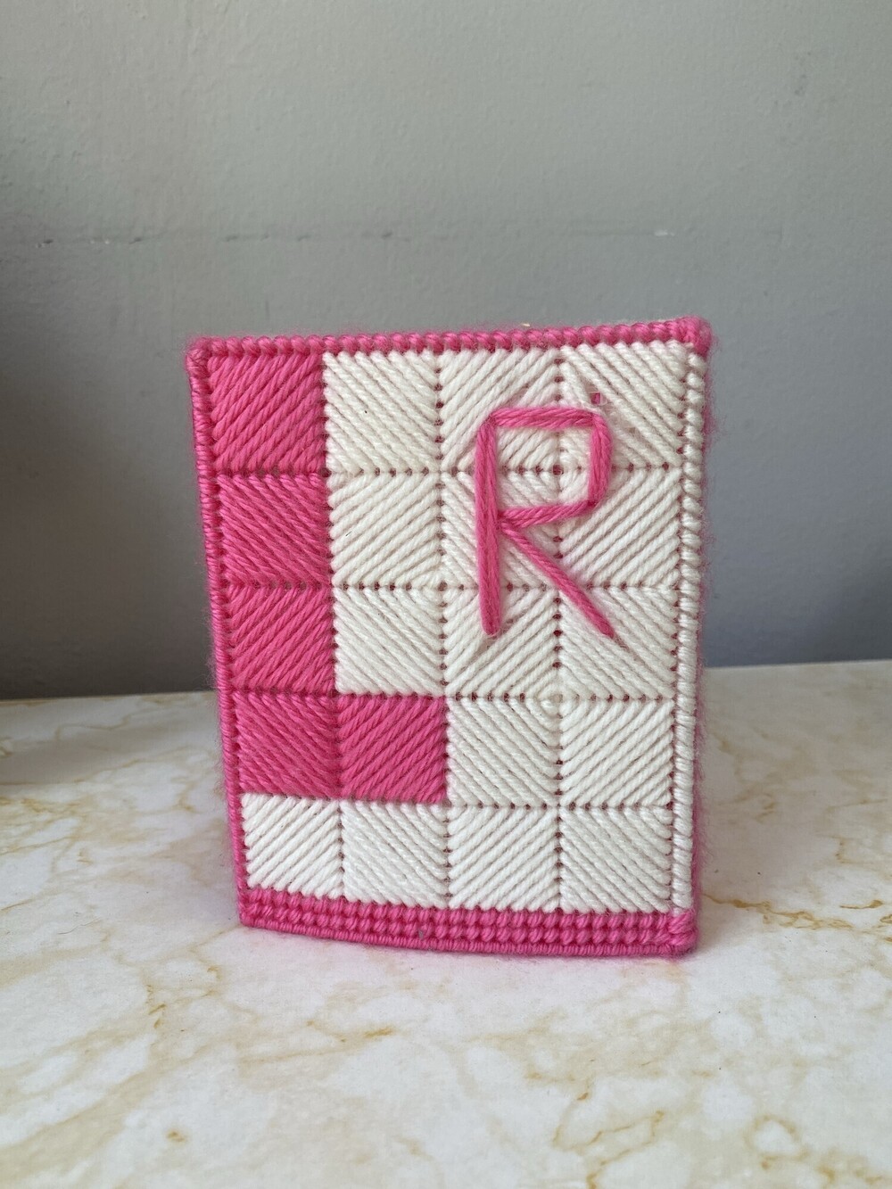 Handmade Pink White Needlepoint Tissue Box Cover Monogram R
